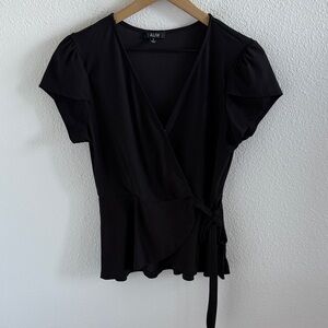 AUW Black Wrap Blouse with Flutter Short Sleeve Small